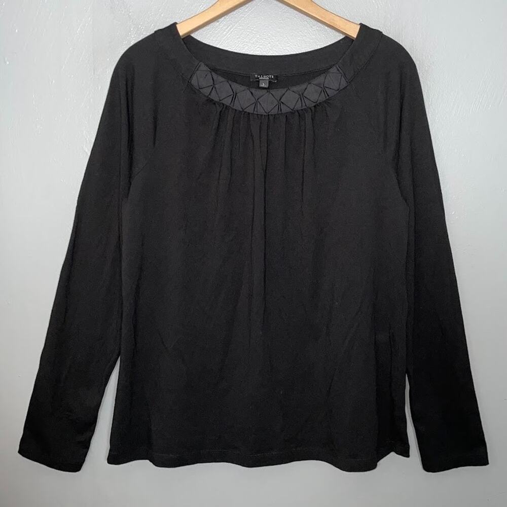 Talbots Knit Tee Top Size Large Black Pima Cotton Satin Trim Classic Preppy Goth